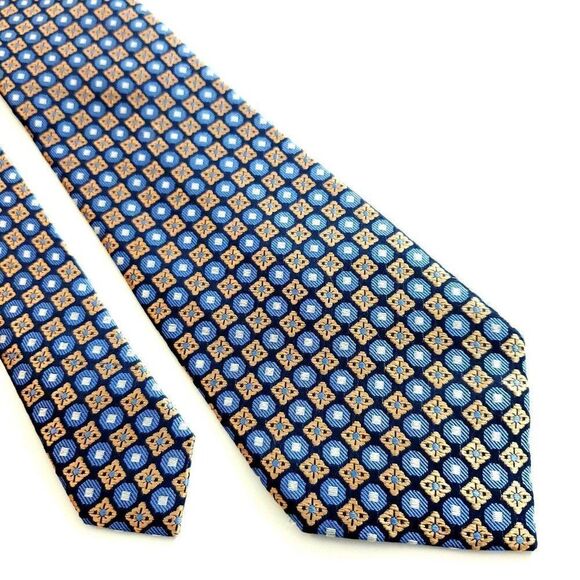 Egara‎ Tan Blue Woven Geomeric Floral Silk Tie - Picture 1 of 6